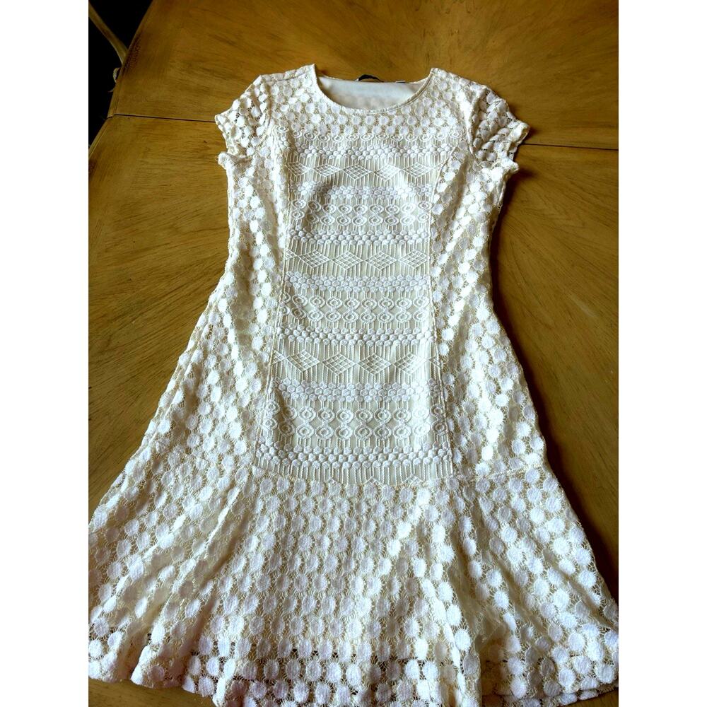 Cream Crochet Eyelet Dress Lined Flare Boho Summer Clean Girl Cottage Coastal S